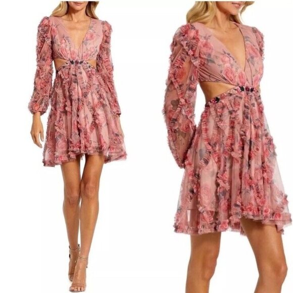 Mac Duggal Side 4 Pink Floral A9151 Long Sleeve V Neck Cut Out Mesh Mini Dress - Picture 2 of 11